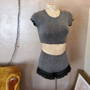 🖤 Sparkly Black Lounge or Festival Two-Piece Set (Top + Ruffle Shorts) – Size S